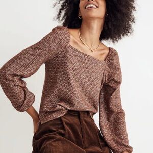 Madewell Jacquard Puff-Sleeve Crop Top in Dark Merlot Knit Square-Neck Size M